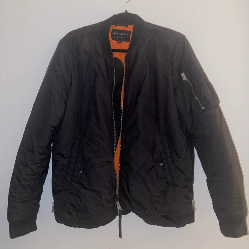Allsaints women’s black M bomber jacket with shiny fabric and zippers